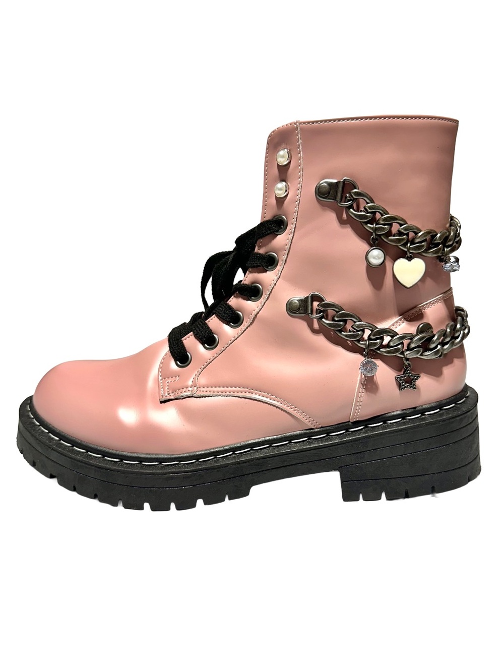 SUGAR Pink Chain Charm Combat Boots | Coquette Grunge Fairycore Moto - Picture 6 of 11